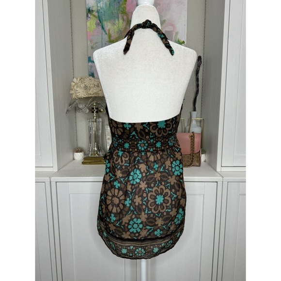 Trina Turk Halter Top Size 8 Cotton Side Zip Brown Teal Floral - Picture 3 of 10